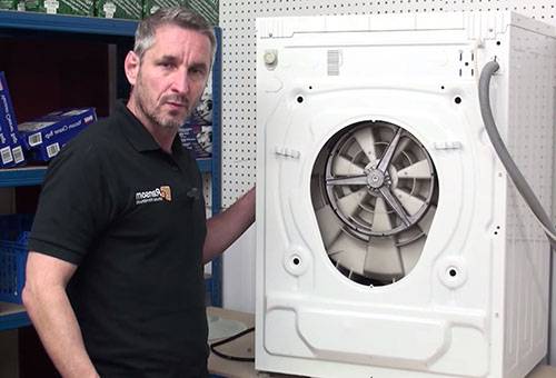A man takes apart a washing machine