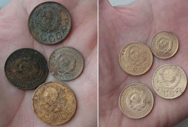 pièces de monnaie avant et après le nettoyage