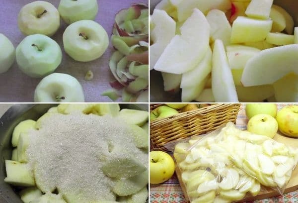 skivade äpplen i en påse för frysning